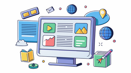 Poster - A digital screen displaying current events opinion pieces and trending topics accessible on various devices and constantly updated to provide realtime. Cartoon Vector