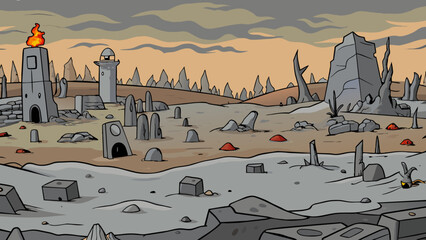 Poster - A desolate and barren wasteland where the sky is a perpetual dark gray and the ground is coated in a layer of ash. The few remaining structures are. Cartoon Vector