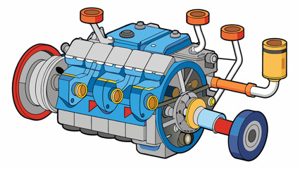 Fototapete - A diagram of a car engine with labels and arrows identifying the different parts and their functions such as the spark plugs pistons and transmission.. Cartoon Vector