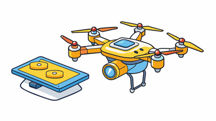 Fototapete - A drone is controlled by a remote controller and is programmed to fly in a certain pattern to capture aerial photographs. It has a GPS system that. Cartoon Vector