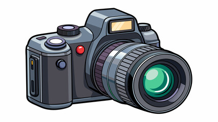Fototapete - A DSLR camera with a bulky black body and a large lens attached to the front. The camera has a flipout screen on the back and various buttons and. Cartoon Vector