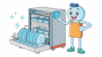 Poster - A dishwasher efficiently cleaning a full load of dishes with just a small amount of detergent. Its multiple cleaning cycles and efficient water. Cartoon Vector