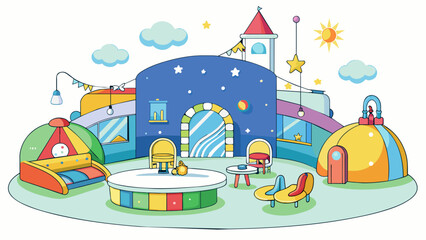 Poster - A familyfriendly hotel with a whimsical theme like a pirate ship or enchanted forest. The lobby is designed to resemble a giant playroom with beanbag. Cartoon Vector