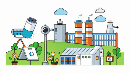 Poster - A drawing of a chemical plant surrounded by a fence with multiple security cameras is a visual representation of an environmental regulation. The. Cartoon Vector