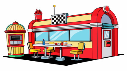 Poster - A familyfriendly diner with neon lights and a retro feel. The booths are covered in red vinyl and the jukebox plays classic rock tunes. The menu. Cartoon Vector