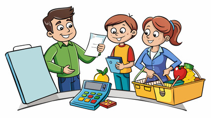 Poster - A family deciding how to allocate their budget between groceries and entertainment showcases the concept of opportunity cost as they must sacrifice. Cartoon Vector