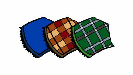 Aufkleber - A fabric sample showing different textures and patterns. One swatch is a soft fuzzy material with a velvety texture and a deep royal blue color.. Cartoon Vector