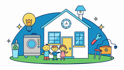 Poster - A family home at night where lights are turned on in multiple rooms the TV is playing and the dishwasher is running. The electricity meter outside the. Cartoon Vector