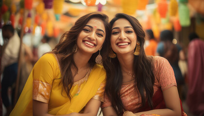 Two indian female friends or sisters giving happy expression