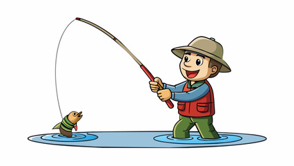 Poster - A fisherman throws his line out into the water skillfully casting it far into the lake to catch a fish.. Cartoon Vector