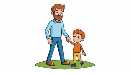 Poster - A father and his child are walking hand in hand in the park. The father is tall and has a serious expression while the child is small and has a big. Cartoon Vector
