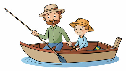 Poster - A father and his teenage son sitting side by side on a boat in the middle of a serene lake. The mans weathered fishing hat shields his face from the. Cartoon Vector