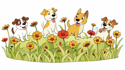 Poster - A field of wildflowers in full bloom swaying gently in the warm breeze as a pack of energetic puppies race through them tongues out and tails wagging. Cartoon Vector
