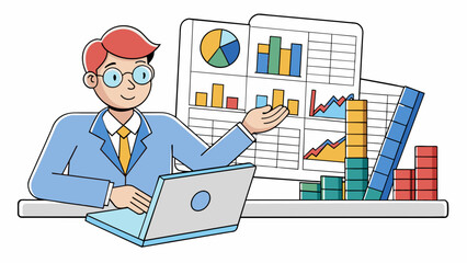 Aufkleber - A financial analyst poring over spreadsheets of company data looking for trends and patterns to help inform investment decisions. The spreadsheets. Cartoon Vector