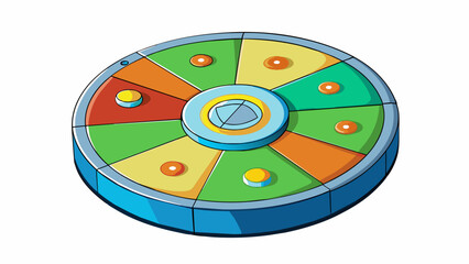 Poster - A flat circular disc with colorful designs and numbers printed on it. It has a thin metal edge and a small arrow in the center that spins around when. Cartoon Vector