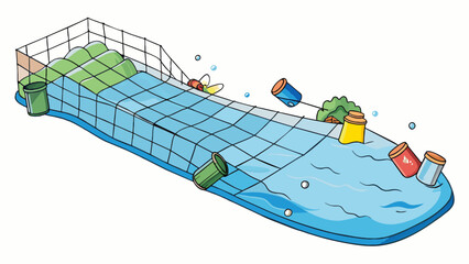 Poster - A floating transparent barrier made of plastic bottles and nets skimming the surface of a river and collecting trash and debris before it can. Cartoon Vector
