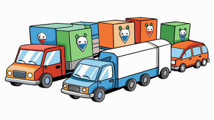 Aufkleber - A fleet of delivery trucks with GPS tracking and temperaturecontrolled compartments are used to transport perishable goods from a manufacturer to a. Cartoon Vector