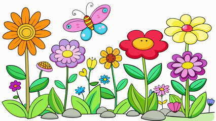 Sticker - A flower garden in full bloom with a variety of vibrant colors and different sizes and shapes of flowers. The garden is buzzing with butterflies and. Cartoon Vector