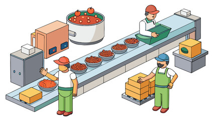 Aufkleber - A food processing plant where workers package fresh produce and meats into various sizes and quantities creating nutritious and convenient frozen. Cartoon Vector