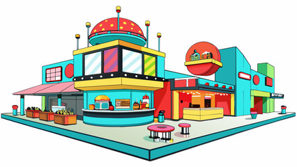 Poster - A food court greets shoppers with the smell of delicious cuisines from different parts of the world. The diverse selection of restaurants offers soing. Cartoon Vector