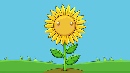 Poster - A fully bloomed sunflower standing tall in a field with its vibrant yellow petals reaching towards the sun. This represents the goal of growth and. Cartoon Vector