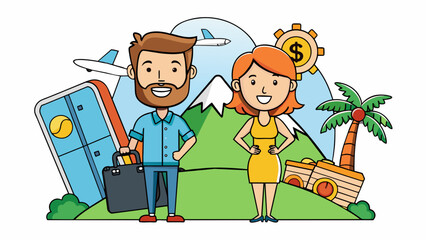 Poster - After weeks of careful budgeting and saving a couple was finally able to afford their dream vacation. This successful outcome serves as a conclusion. Cartoon Vector