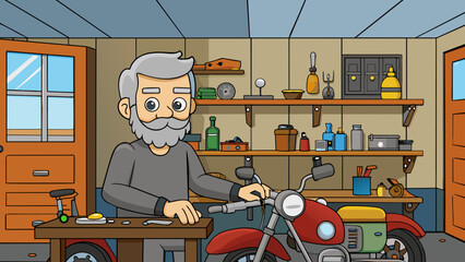 A graying man with a stubbly beard tinkering away in his garage on a sunny weekend afternoon. The cluttered workbench is filled with tools of all. Cartoon Vector