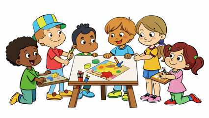Fototapete - A group of children gathered around a table drawing and painting colorful pictures to be sold in an art auction to benefit a childrens hospital. The. Cartoon Vector
