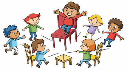 Fototapete - A group of children participate in a game of musical chairs where one less chair is available than the number of children. As the music plays they. Cartoon Vector