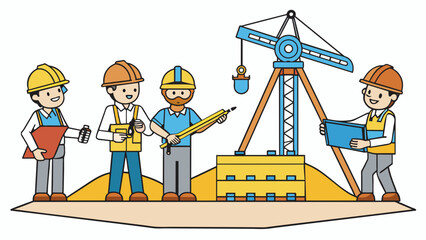 Poster - A group of engineers working on a construction project building a large structure from the ground up. They use heavy machinery and tools to dig lay. Cartoon Vector