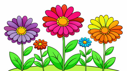 Aufkleber - A group of flowers competing for sunlight in a garden. Each flower has vibrant colors and distinct petals trying to stand out in order to attract more. Cartoon Vector