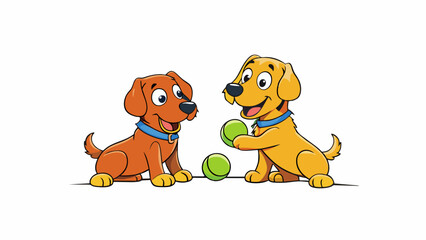 Poster - A group of 2 dogs playing with 2 tennis balls and then adding another tennis ball to the mix making a total of 3 balls for the dogs to play with.. Cartoon Vector