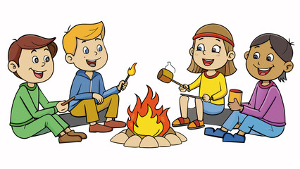 Wall Mural - A group of friends is sitting around a campfire roasting marshmallows on sticks. The friends are all laughing and enjoying each others company. This. Cartoon Vector