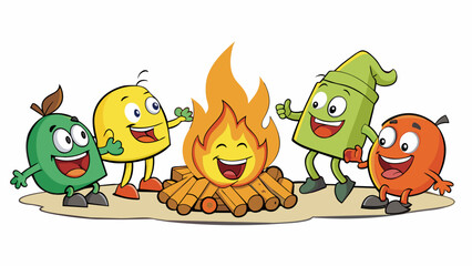 Poster - A group of friends laughing and dancing around a campfire the flickering flames casting a warm glow on their smiling faces and the sound of crickets. Cartoon Vector