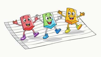 Poster - A group of colorful notes dancing on a sheet of paper jumping and twirling in perfect harmony. The notes are light and airy almost weightless as they. Cartoon Vector