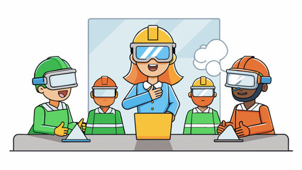Poster - A group of employees wearing virtual reality headsets and experiencing a simulation of a hazardous situation. The training uses realistic scenarios to. Cartoon Vector