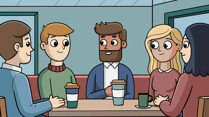 Poster - A group of friends are having a conversation at a coffee shop. Each person is listening intently to the speaker their eyes fixed on them and. Cartoon Vector