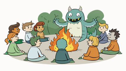 Poster - A group of friends huddle around a campfire sharing ghost stories and imagining the shadows in the trees to be looming monsters while the crackling. Cartoon Vector