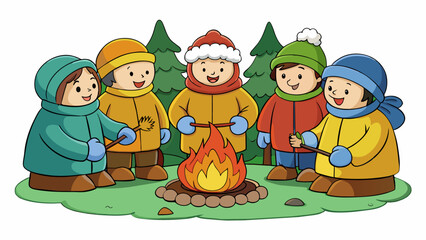 Poster - A group of friends sitting around a crackling campfire in a dense forest roasting marshmallows on long sticks. The fire casts a warm glow on their. Cartoon Vector