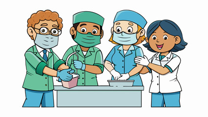 Poster - A group of medical professionals washing their hands vigorously for 20 seconds before putting on sterile gloves and performing . The sound of running. Cartoon Vector