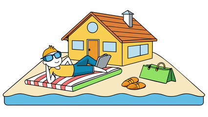 Poster - A guest at a beach house rental relaxes on an oversized plush towel soaking up the sun and listening to the calming sound of waves crashing nearby.. Cartoon Vector