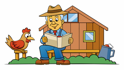 Poster - A happy farmer is sitting on the porch of his quaint farmhouse taking a short break from his morning chores. He is sipping a cup of hot coffee and. Cartoon Vector