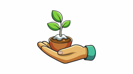 Fototapete - A hand holding a seedling symbolizing the contribution of nurturing and growth to a young plant. Its characteristics include patience and care. Cartoon Vector
