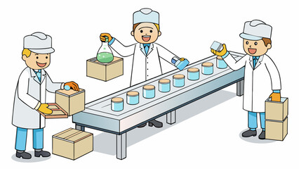 Poster - A group of workers wearing hairnets and lab coats carefully handling and packaging small glass vials filled with liquid. The vials move down a. Cartoon Vector