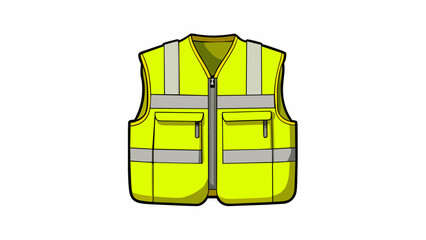 Poster - A highvisibility safety vest made of fluorescent yellow fabric with reflective strips on the front and back. The vest has multiple pockets and a. Cartoon Vector