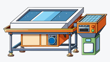 Fototapete - A hightech industrial screener with a digital display and touchscreen controls. The raw materials are loaded into a large hopper on top of the machine. Cartoon Vector