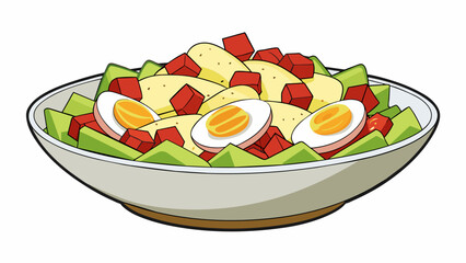 Aufkleber - A hearty combination of diced red potatoes chopped hardboiled eggs and crispy bacon bits dressed with a creamy ranch dressing.. Cartoon Vector