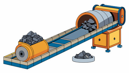 Aufkleber - A heavyduty conveyor belt that carries large rocks into a cylindrical machine. Inside a spinning drum lined with sharp ridges grinds the rocks into. Cartoon Vector