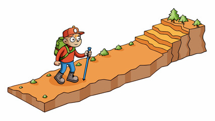Poster - A hiker trying to navigate a steep and rocky trail with no clear paths or markers. The terrain is treacherous and the landscape constantly changes. Cartoon Vector