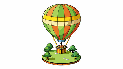 Poster - A hot air balloon gently floating above the tree tops its large round shape painted with vibrant patterns and designs. The heat from the balloons. Cartoon Vector